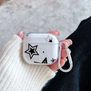 Black Star Pattern TPU Soft Protective Case for Apple AirPods 4/3/2/1/Pro/Pro2 Transparent Earphone Cover with Keychain Attachment