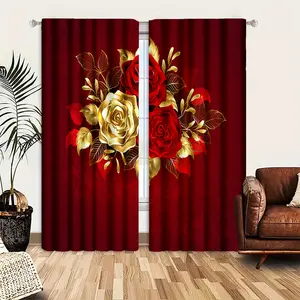 2pcs Red and Gold Rose Pattern Decorative Window Curtain 2pcs Red and Gold Rose Pattern Decorative Window Curtain