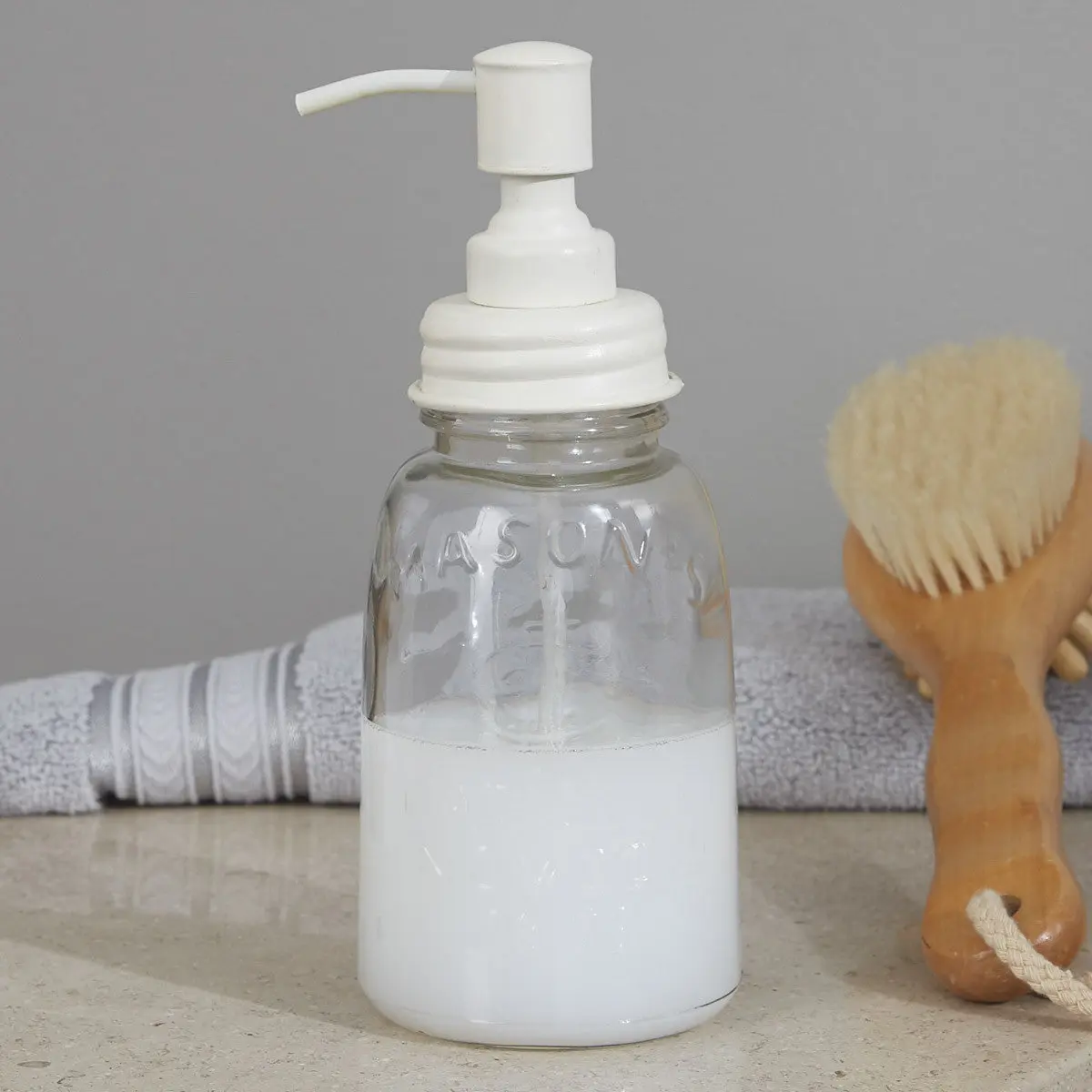 White Glass Mason Jar Dispenser with Metal Parts - Farmhouse Kitchen Soap Dispenser, Home Organizer for Laundry Room Storage