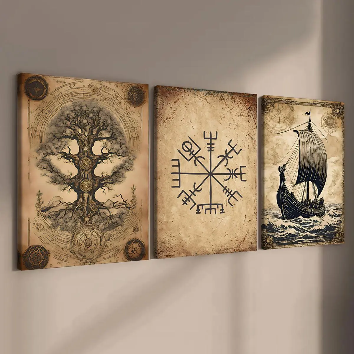 Norse Mythology Ancient Charm Poster, 3 Counts Wooden Framed Canvas, Modern Art Fashion Decoration, Art Wall Decoration, Corridor Art, Office, Apartment Dormitory Poster, Decorative Artwork, Ornaments