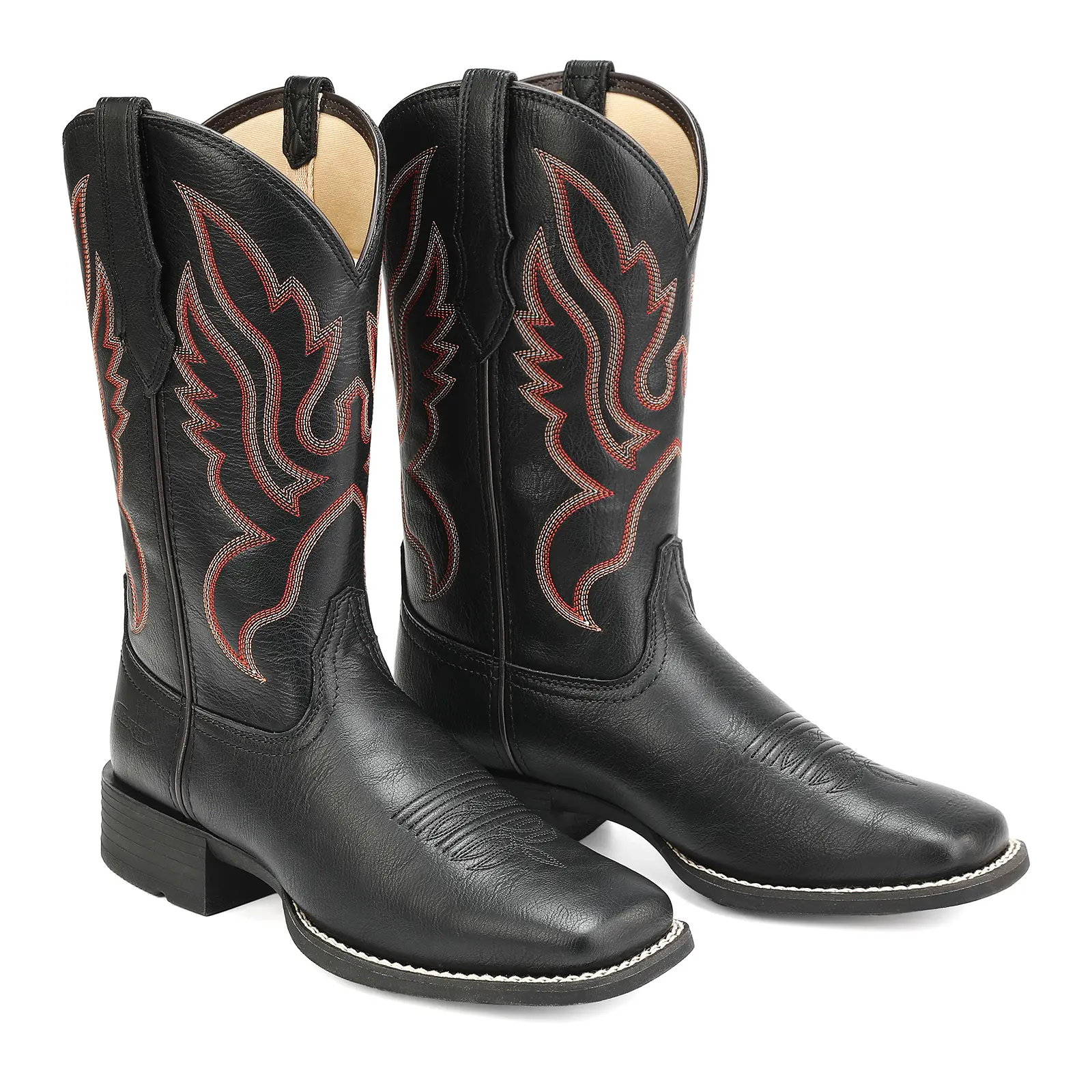 Palitutu Women's Black Square-Toe Western Cowboy Boots, Vintage Red Stitching Embroidered Mid-Calf Cowboy Boots, Durable and Slip-Resistant Rubber Outsole, #CowboyBoots #WesternStyle, PLT703603
