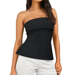 Women's solid color crop top, casual and fashionable sleeveless strapless top, suitable for daily outdoor wear, summer women's clothing, braRAIMENTRY