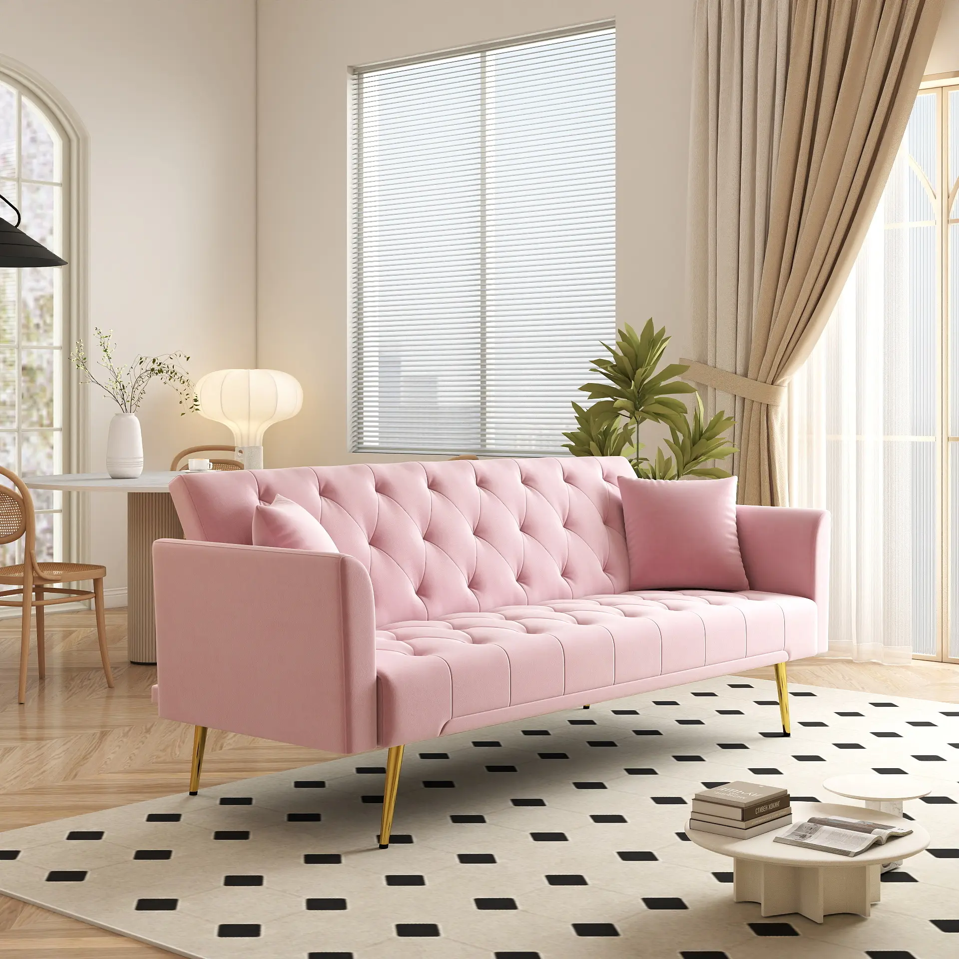 72" Tufted Velvet Convertible Sleeper Sofa Couch - Adjustable Backrest, Foldable Design, Metal Legs - for Living Room, Apartment (Blush Pink)
