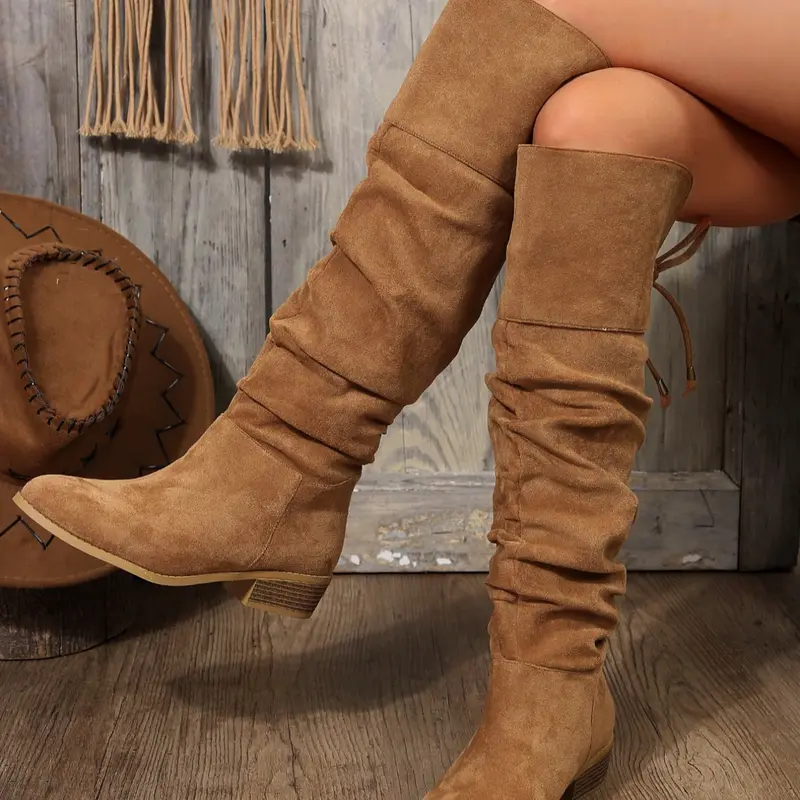 Women's Fashionable Solid Color Pointed Toe Knee Boots, Ruched Boot, pointy toe boot, Casual Western Style Boots for Daily Wear, Trendy All-match Boots for Fall & Winter