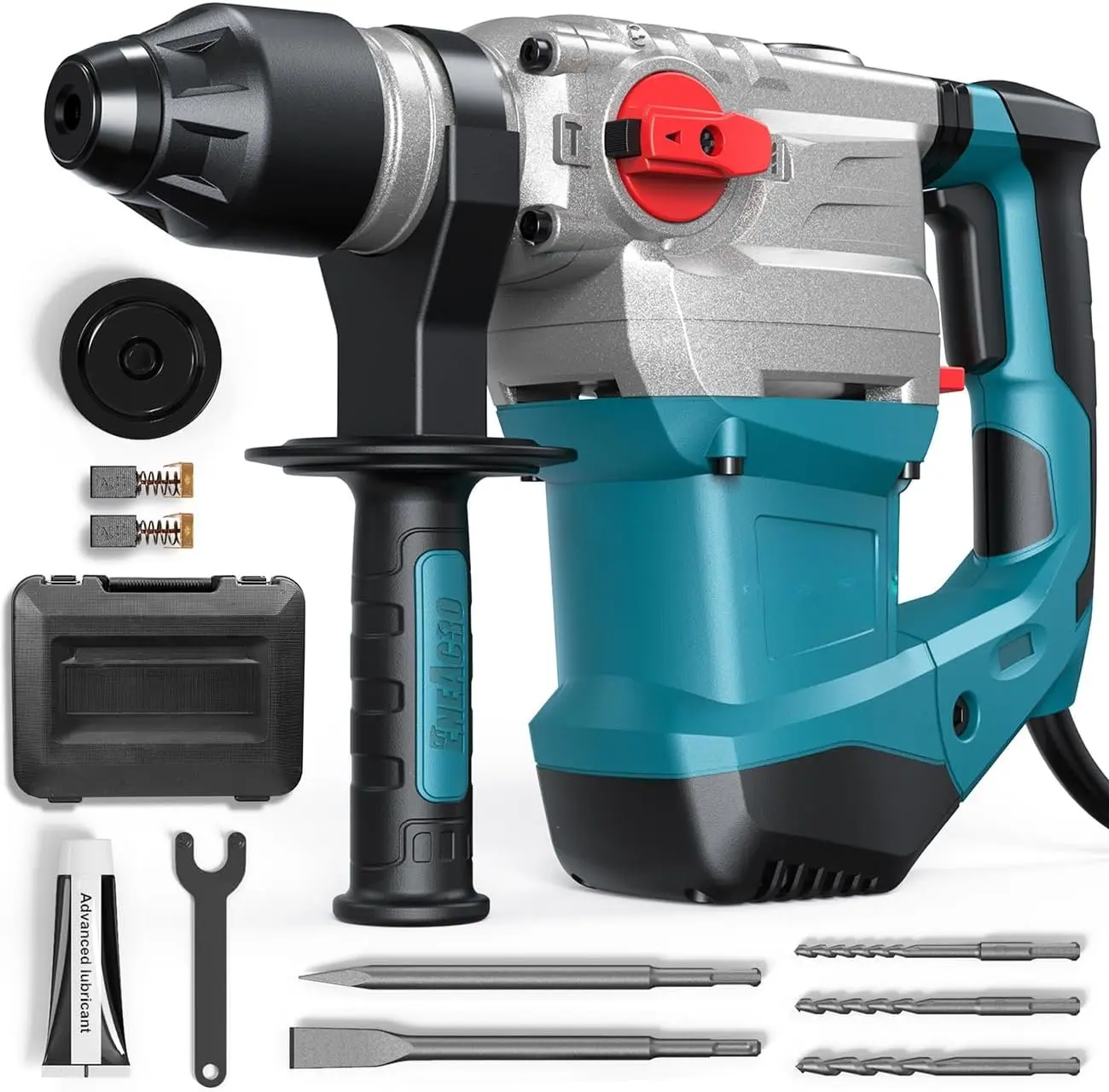 1-1/4 Inch SDS-Plus 13 Amp Heavy Duty Rotary Hammer Drill, Safety Clutch 4 Functions with Vibration Control Including , Chisels and Drill Bits with Case