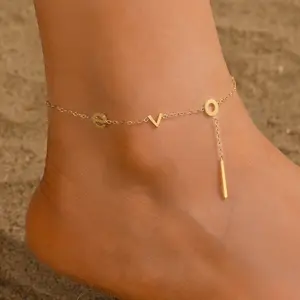 Women's 18K Gold-Plated Stainless Steel Ankle Chain - Fashionable, Charming Love English Letter Design - Ideal for Daily Gatherings, Beach Use,summerwins