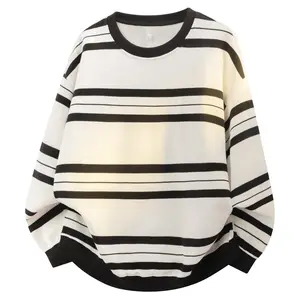 Men's Off-White & Black Striped Round Neck Casual Sweatshirt, Autumn Winter Menswear Top, Comfortable Athletic Activewear Pullover for Sports, Commuting