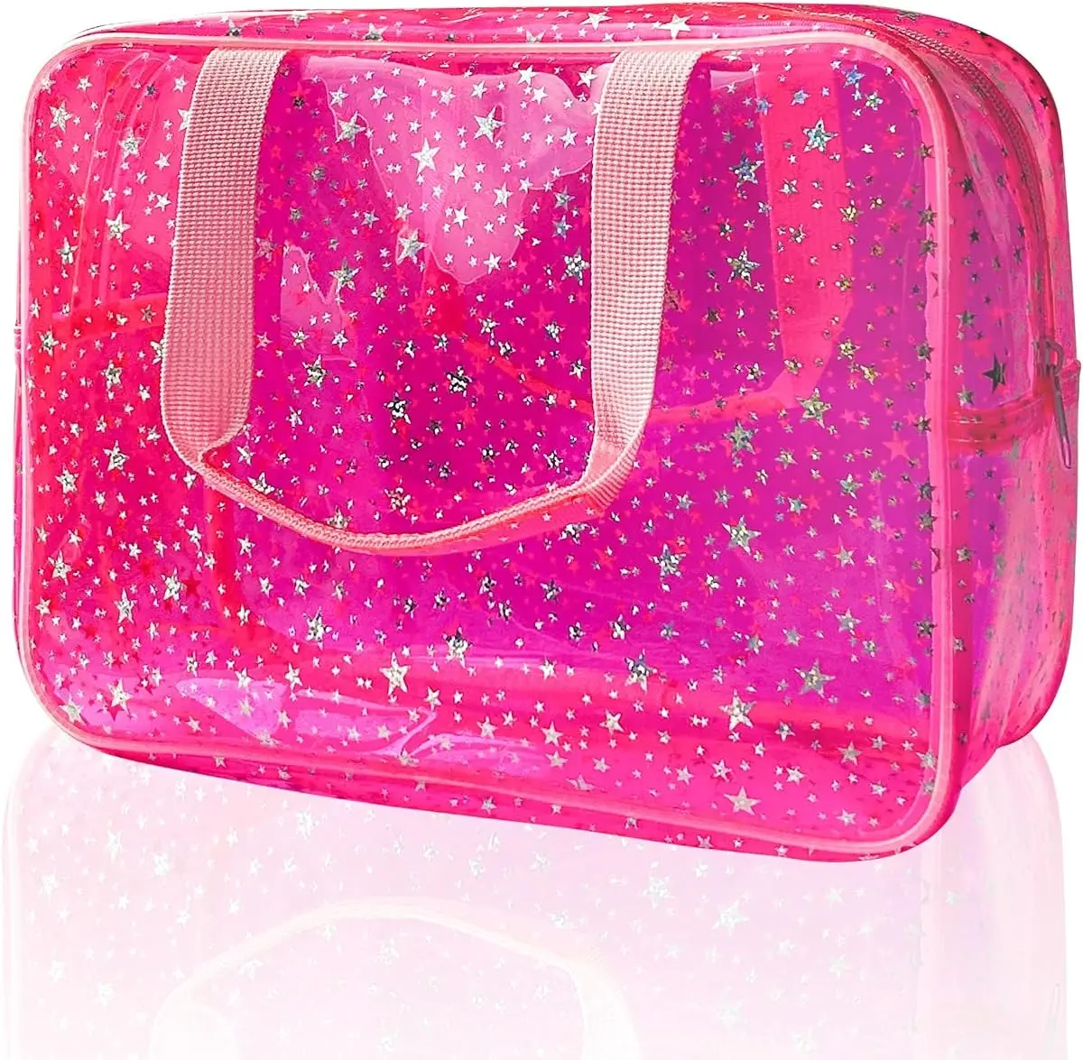 Clear Star Glitter Cosmetic Bag, Large - Travel Makeup Pouch with Handle, Water-Resistant PVC