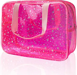 Clear Star Glitter Cosmetic Bag, Large - Travel Makeup Pouch with Handle, Water-Resistant PVC