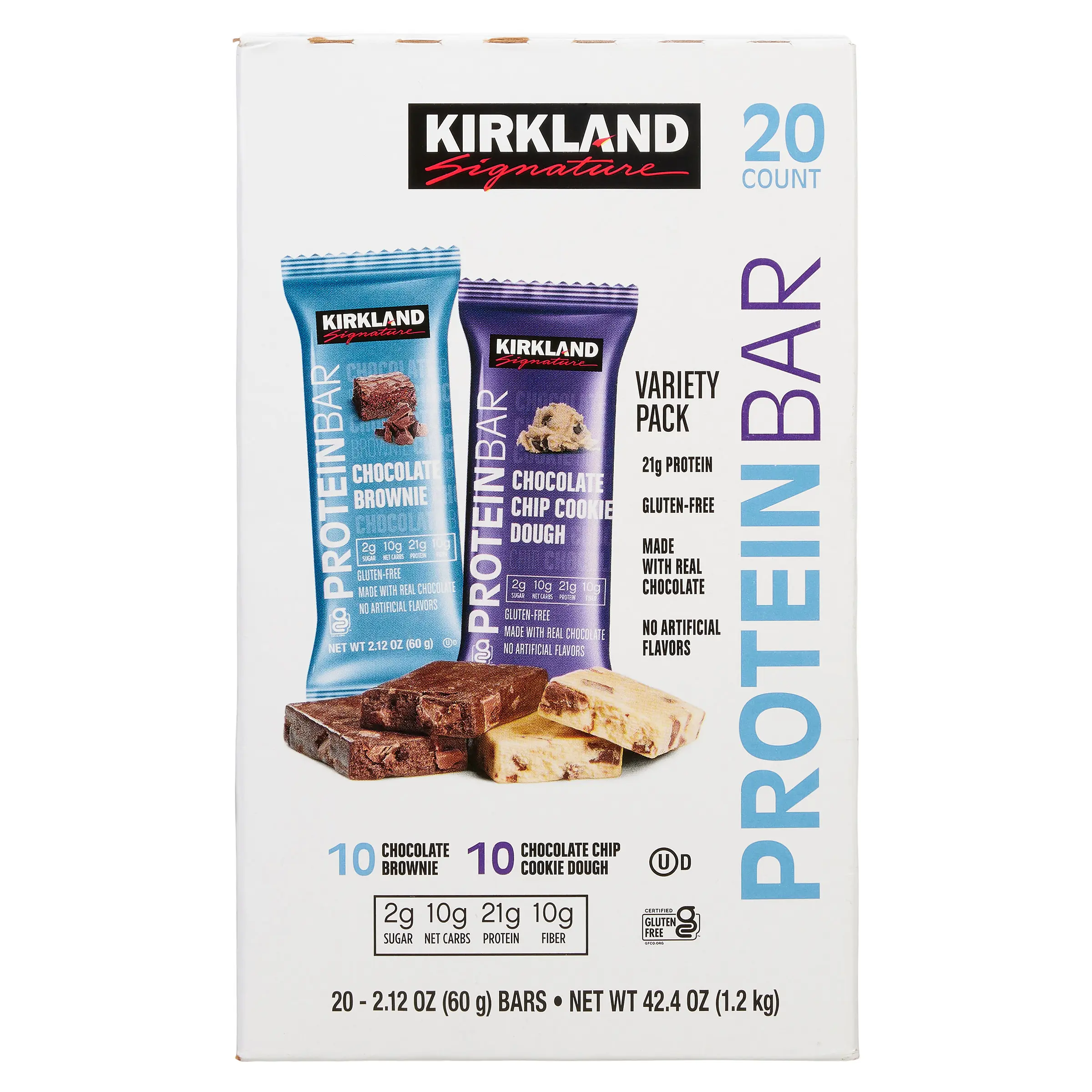 Kirkland Signature Protein Bar 21g Protein 2g Sugar 10g Fiber Chocolate Brownie, Chocolate Peanut Butter Chunk, Cookies & Cream, Chocolate Chip Cookie Dough Flavors Gluten Free Kosher Dairy Snack Dessert Bonbon pure  protein  ammmaze Variety Pack outdoorf