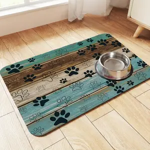 Colorful Wood Grain Print Paw Print Rubber Dog Feeding Mat, Quick-Dry Absorbent, Easy Clean Waterproof Bowl Pad, Ideal for Dogs and Cats, Home Use
