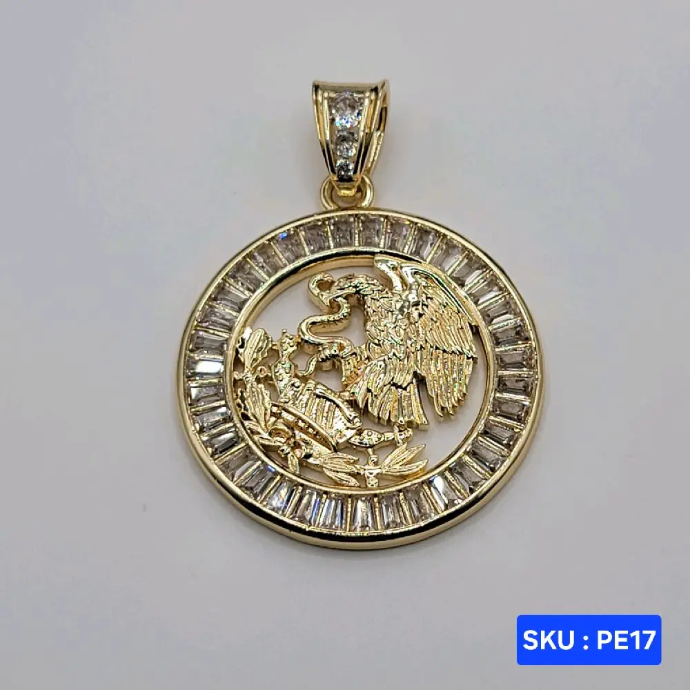 Centenario Eagle Large &  Small with clear stones Laminated Gold jewerly. Jewelry Necklace SKU  PE17, PE17S