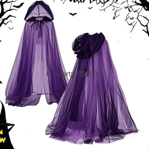 1pcsHalloweenWitchCloakforWomenBlackWhitePurpleHoodTulleCapeCloakWeddingBridalsFloorLengthSoftMeshCloaks