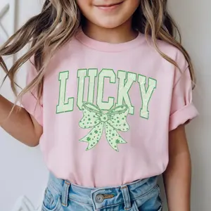 Lucky Bow St Patrick's Day T-Shirt for Youth, Coquette Green Bow Shirt, Shamrock Youth Shirt, Cute Saint Patrick's Day Shirt