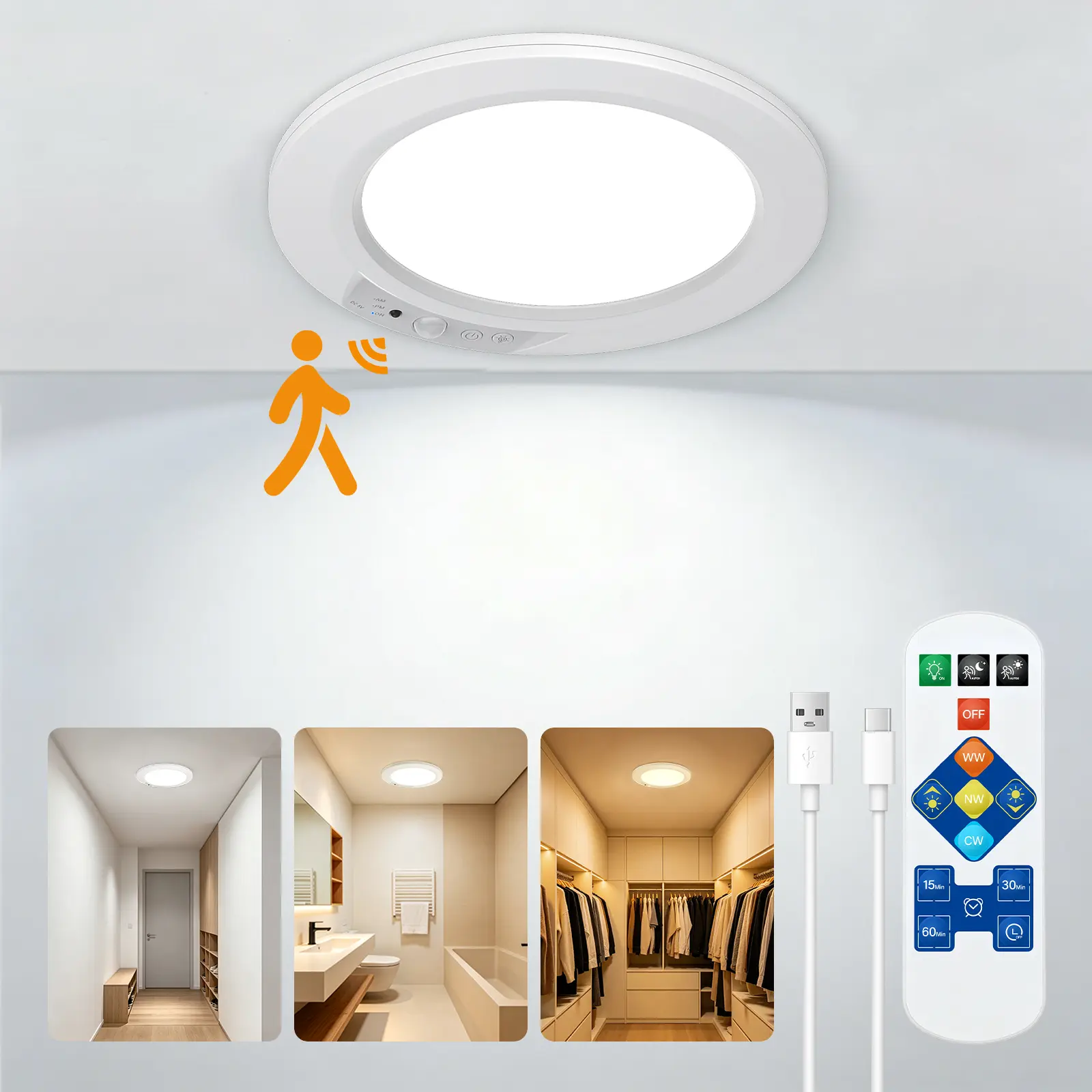 Flycity Rechargeable Motion Sensor Ceiling Light with Remote,Battery Operated Closet Light No Wiring, Wireless LED Shower Lights,  Dimmable Indoor Overhead Lamp for Closet Shower Pantry Shed Bedroom Hallway  & Kitchen Decor Lighting ,with Remote