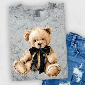Watercolor Teddy Bear with Black Bow  Comfort Color T-shirt, Women's Trendy Graphic T-shirt