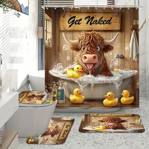 1/4pcs Funny Bubble Bathtub Stripping Rubber Duck Theme Shower Curtain Set, Non-slip Floor Mat, U-shaped Carpet, Toilet Seat Cover, Perfect for Bathroom Decoration, Partition, Beautify Space, Bathroom Supplies, Free 12 Shower Curtain Hooks