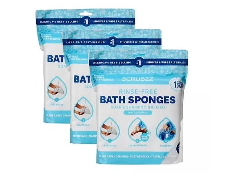Scrubzz Rinse Free Bath Sponge, No Rinse Bath Wipes - 75 Count - 3 Pack