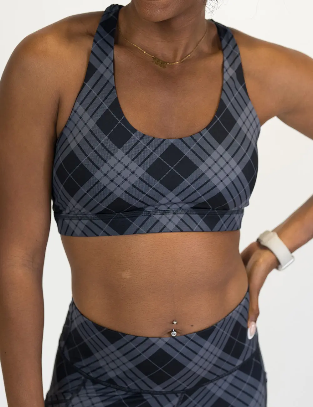 Women's CVG Butterfly Back Sports Bra - Monochrome Plaid, S-Padding, Pad On or Off, S-XXXL Fit Range, Workout-Ready Activewear