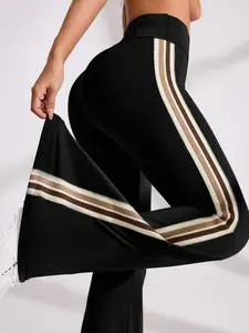 Women's High Waist Flared Leg Striped Side Athletic Pants, Casual Slim-Fitting Trousers, All Seasons Wear, High Stretch Leggings, Plain Pattern, High Waisted Leggings