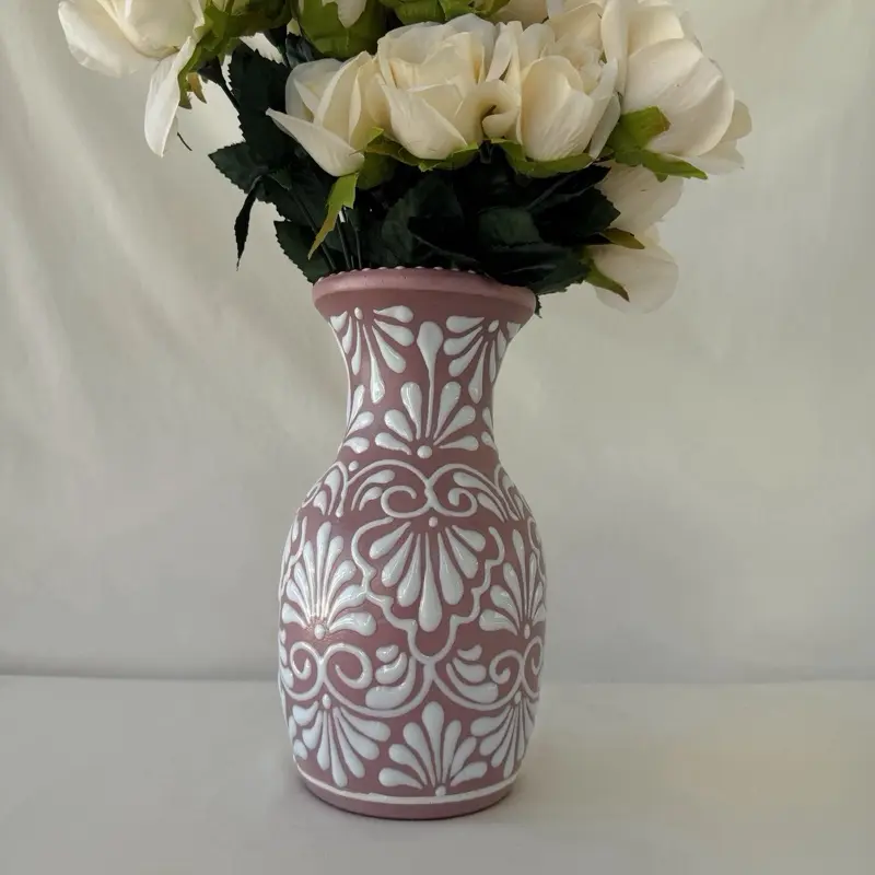 Pink Sirena 9 1/2" Tall Ceramic Vase with Intricate White Lace Design for Floral Arrangements (Flowers not included)