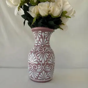 Pink Sirena 9 1/2" Tall Ceramic Vase with Intricate White Lace Design for Floral Arrangements (Flowers not included)