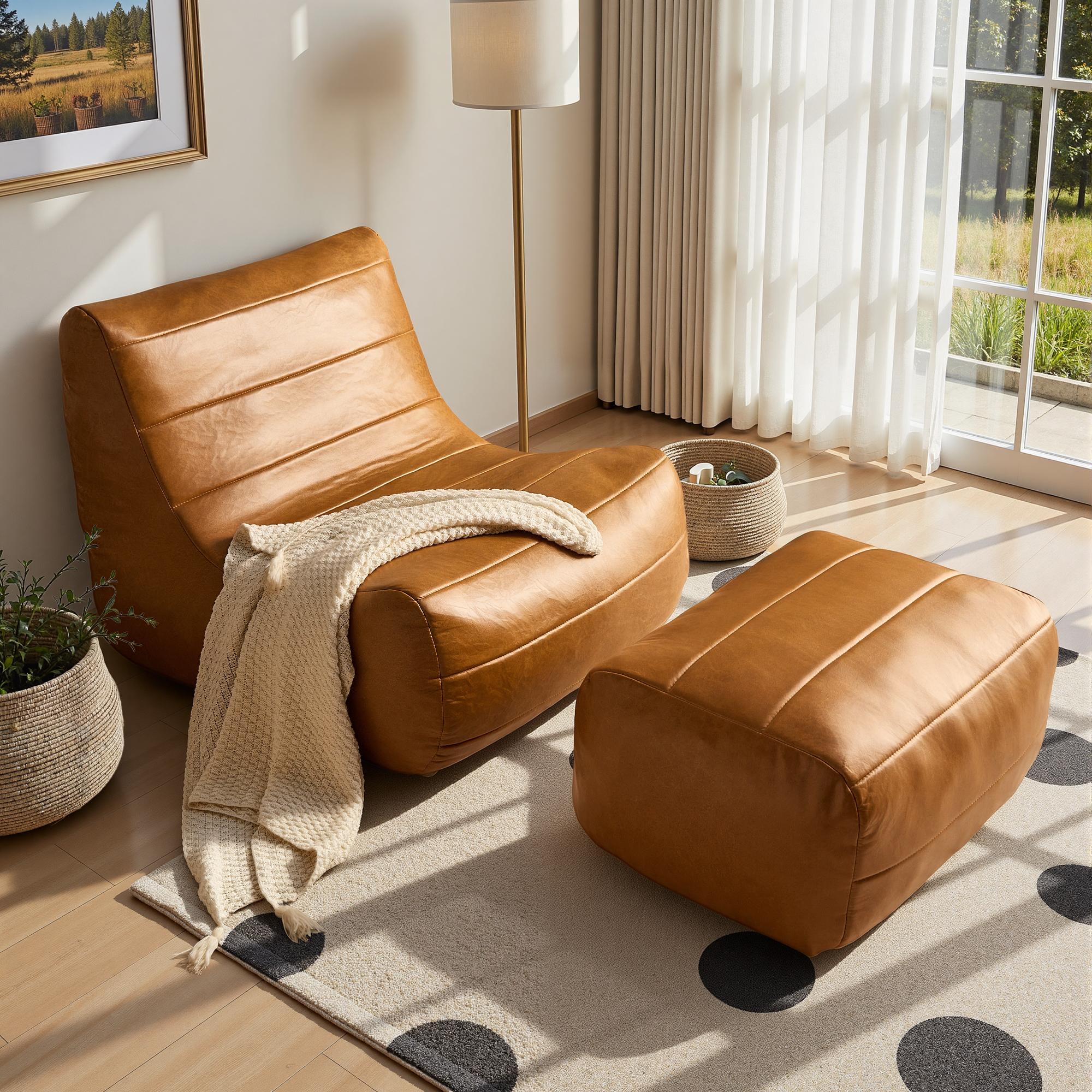 【Spring Sale】Ovios Large 41"  Bean Bag Chair with Ottoman for Adults, Comfy Boneless Lazy Chair Couch with Memory Foam and PU Leather , Plush Corduroy Sofa Bed for Bedroom College Dorm - No Assembly