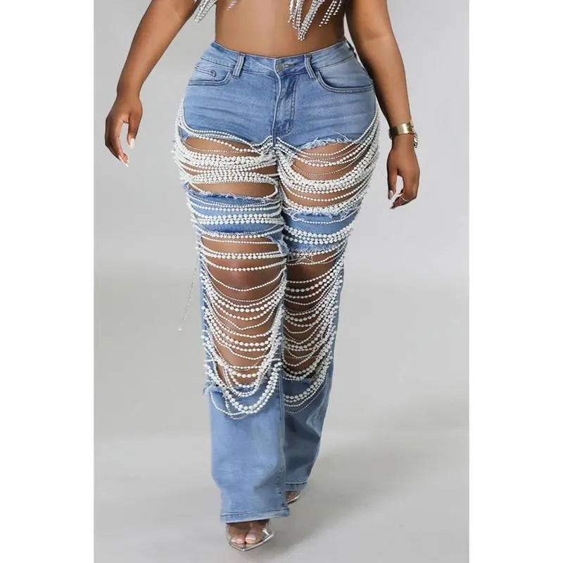 Women Plus Size Pearls Jeans Casual Vintage Cutout High Waist Y2K Streetwear Pearls Denim Jeans Pockets Slim Denim Trousers