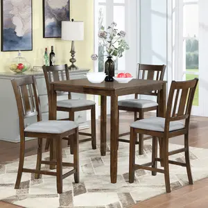 5 Piece Dining Table Set, Wooden Dining Square Table Set for 4, Counter Height Kitchen Table Set with Square Table and 4 Upholstered Chairs for Small Space, Walnut (High end and high-quality)