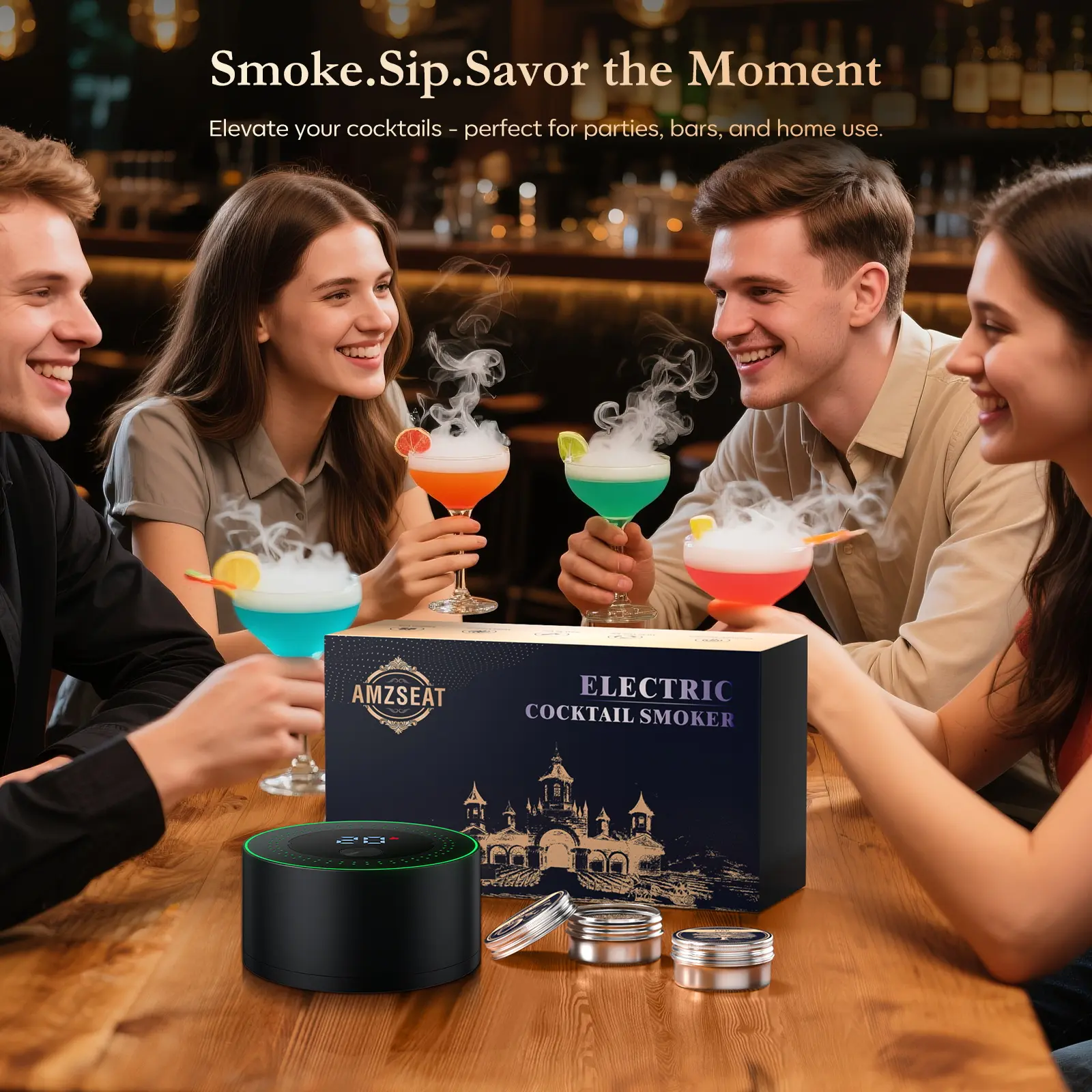 Amzseat Electric Whiskey Smoker Kit Built-in Lighter, No Butane Needed, Rechargeable Cocktail Smoker Kit with 6 Wood Chips,Fashioned Drink Smoker Kit, Bourbon Whiskey Gifts for Men,Dad,Husband,Valentine's Day gift