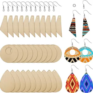 90pcs Wooden Geometric Pendant Set with Ear Hooks, DIY Craft Supply for Earrings in Triangle, Drop, and Round Shapes, Earring Making