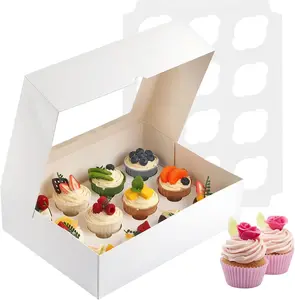 Cupcake Boxes, 2 Pack Disposable Cupcake Containers, Food Grade Cupcake Carrier 12 Count with Window and Inserts, Cupcake Transport Holders Bulk for Muffins Cookies Treats Dessert（White）