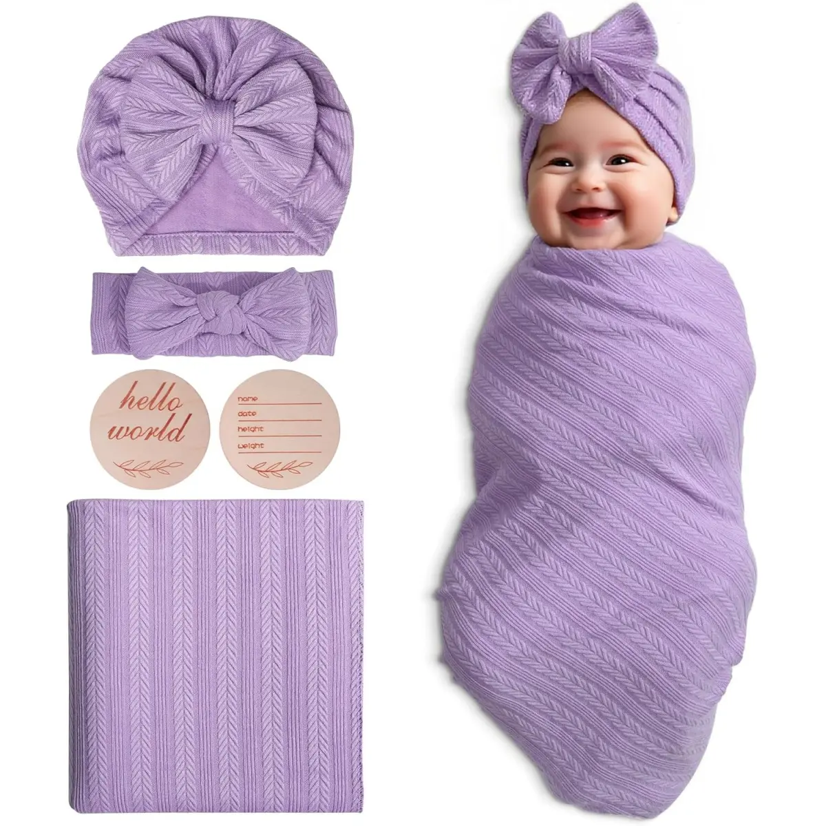 4-Pack Baby Girl Swaddle Blanket Set, Soft Cotton Newborn Wraps with Matching Bow Hat & Headband, Cozy Infant Blankets for Baby Shower, Gift Ready Essentials