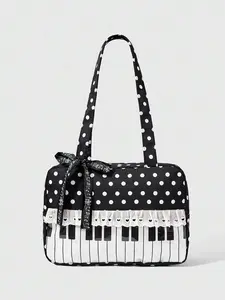 Retro minimalist style practical texture polka dot piano tote bag, piano key print design, lace heart lace+musical note bow, can accommodate mobile phones, lipstick, suitable for dates, parties, commuting Fashionable Bag