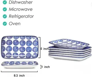 Ceramic 8 inch Rectangular Salad Plates, Dinner Plates, Pasta Dessert Plates Serving Trays for Appetizer, Sushi, Fruit - Microwave/oven/Dishwasher Safe, Set of 6, Vintage Blue