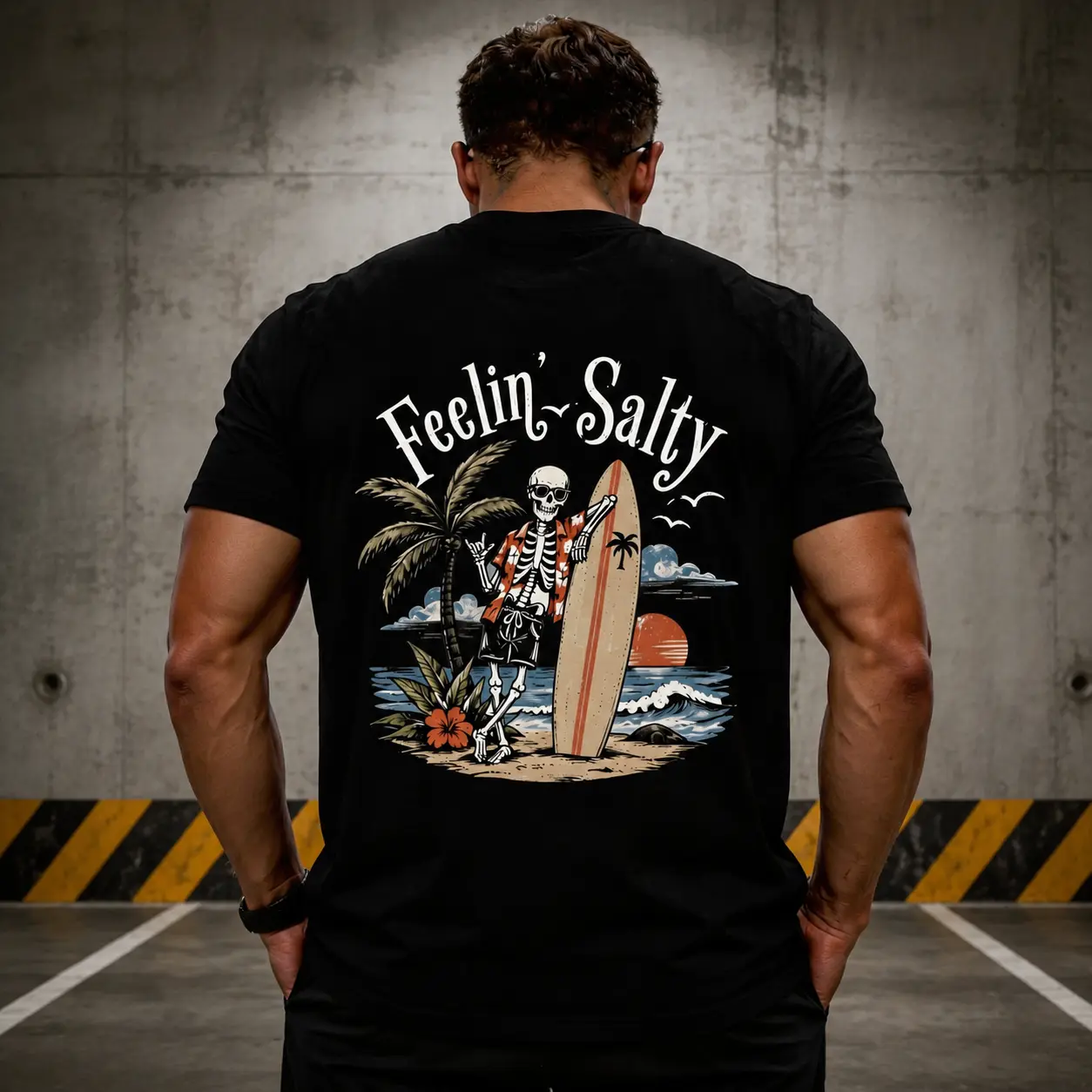 Unisex White Cotton Crew Neck T-Shirt, Vintage Feelin' Salty Surf Skeleton Palm Tree Sunset Beach Large Back Print Graphic Tee, Retro Coastal Surf Streetwear Top Gift For Surfers & Beach Lovers
