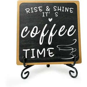 Coffee Bar Sign, 4x4" Wooden Rise and Shine It's Sign, Mini Farmhouse Coffee Bar Decoration for Coffees Station Home Kitchen Tabletop Decor