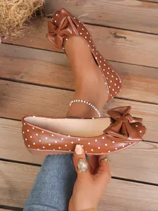 Women's Solid White Round Toe Polka Dot Ballet Flats, Cute Large Bow Decor PU Leather Upper, Comfortable Non-Slip Casual Dress Shoes for Daily, Commute and Party Wear