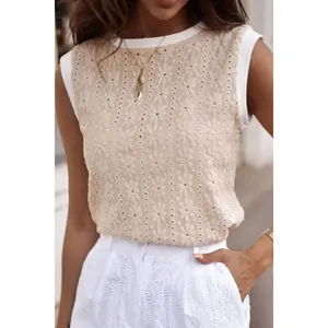 Floral Textured Crew Neck Sleeveless Top