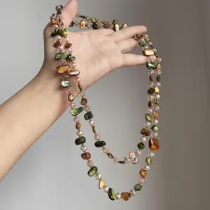 Bohemian style natural shell and crystal layered necklace, light luxury and high-end feel, long double-layer seaside accessory