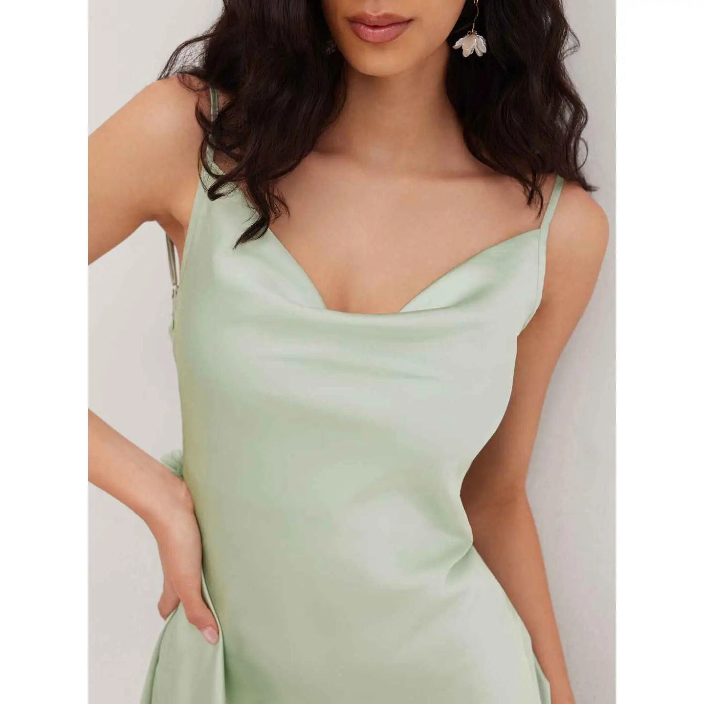 sachin and babi light blue dress Cider Satin Cowl Neck Backless Flower Mini Dress