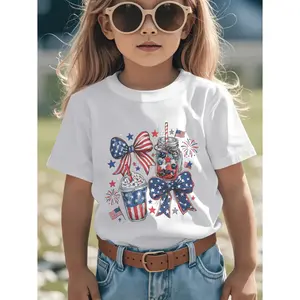 Girls T Shirt 4th Of July Patriotic Stars And Stripes Bow And Drink Design 250th Anniversary Of Usa Funny Printing T Shirt Best Gift for Kids Girls Boys Breathable 100 Percent Cotton Graphic Tee Comfortable And Casual Round Neck Short Sleeved Perfect