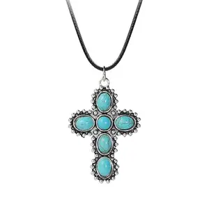 Vintage Gothic Turquoise Collar Necklace Handmade Cross Pendant Necklace