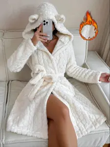 Women's Coral Fleece Hooded Robe, Winter New Style Mid-Length Thickened Home Wear, Warm Bathrobe with Ears Design