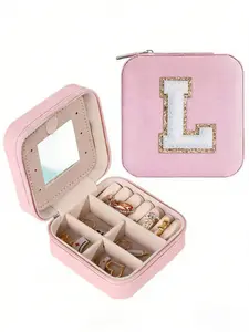 Personalized Initial Jewelry Box | Mini Travel Pink Jewelry Case for Earrings Rings Necklaces (A-Z Letters)