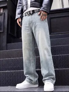 Men's Cotton Oversized Denim Trouser - Lightweight, Breathable, Plain, Vintage Wide-Leg, Relaxed-Fit Pleated, Elastic Waist City Boy Skater Menswear Summer Pants