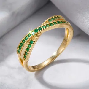 Minimalist Stacking Crossed Brass Ring for Women Micro Paved Green AAA Zircon Finger Jewelry Wedding Daily Versatile Jewelry