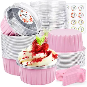 30Pcs Mini Cake Pans with Lids Aluminum Foil, 5oz Disposable Mini Loaf pans with Lids and Spoons, Small Baking Cups Pie Tins Muffin Pan Cheesecake Containers for Party Pink Round
