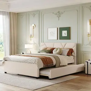 Queen Size Upholstered Platform Bed with Twin XL Trundle for Adult,Solid Wood Linen Bedframe w/Brick Pattern Headboard, No Box Spring Needed & Super Save Space, Beige