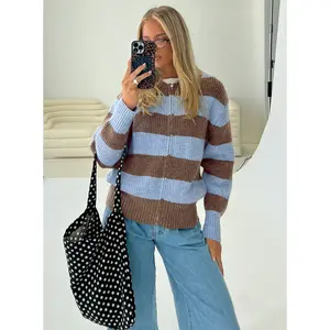 Queena Zip Through Knit Sweater Blue Stripe